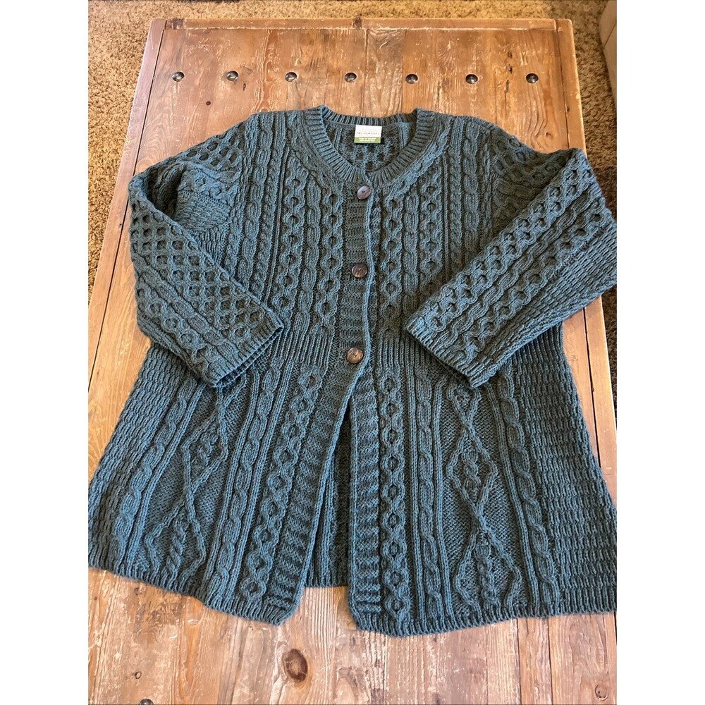 Shannon Woolen Mills Cardigan Women’s 2XL Green Merino Wool Cable Knit Ireland
